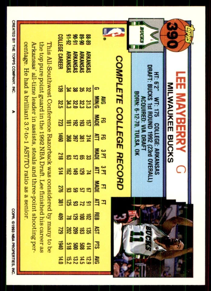 1992-93 Topps Lee Mayberry Milwaukee Bucks #390 - Image 2 of 2