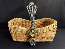 VINTAGE MAITLAND SMITH WICKER REED WROUGHT IRON GLASS & BRASS FLOWER BASKET