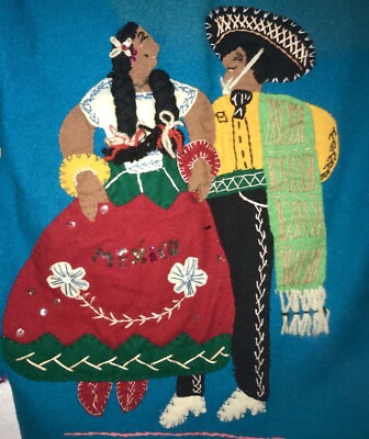 Vintage Handmade Mexican Souvenir Jacket Blue Embroidered Wool
