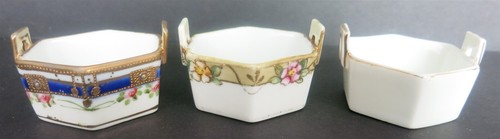 5 PC VINTAGE NIPPON HEXAGON PORCELAIN TUB OPEN SALTS W/ HANDLES WHITE FLORAL #T5 - Picture 6 of 9