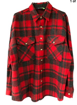 Fieldmaster Plaid Red Black Flannel Jacket  L T 100% Cotton Heavy Lumberjack