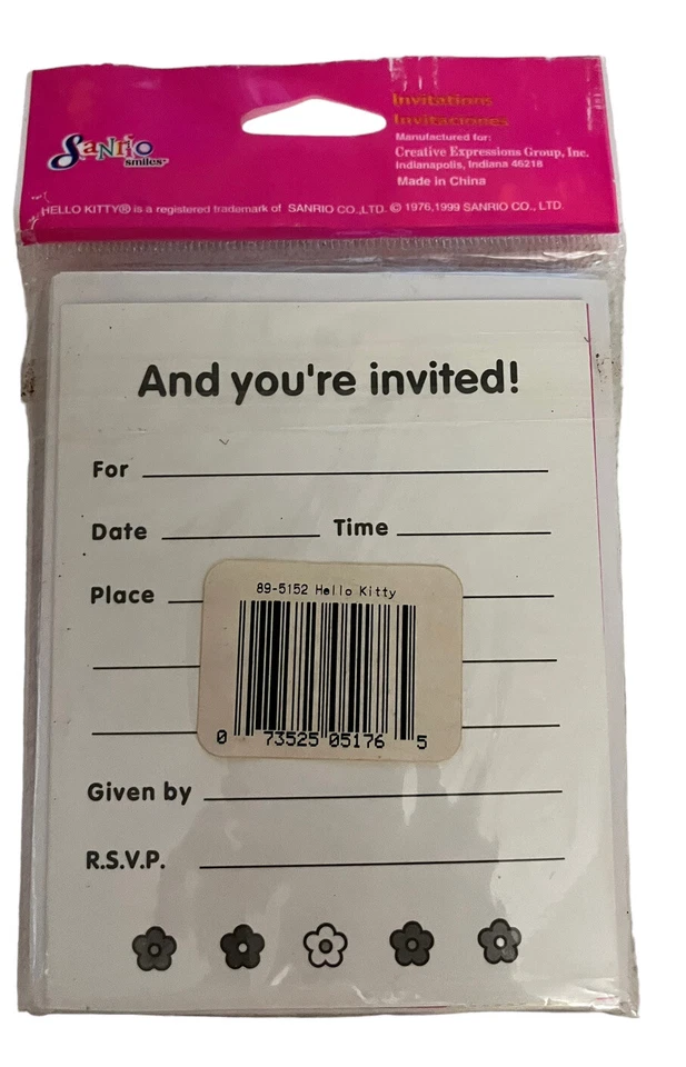 De colección 1999 Hello Kitty "¡Estoy teniendo una fiesta!" 8 tarjetas y sobres de invitaciones rosa Foto 4 de 4