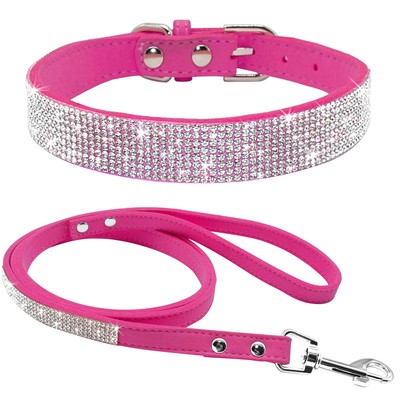 Bling Rhinestone Hundehalsband & Leine Set – Strass-Verziert, Verstellbar, Für Hunde & Katzen, Größe L Schwarz