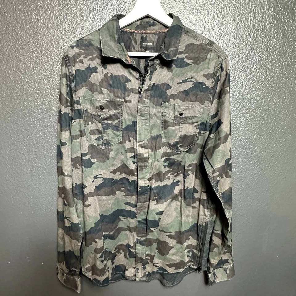 Chaqueta de mezclilla Buffalo David Bitton para hombre larga camuflaje cremallera frontal talla L/G Foto 3 de 4