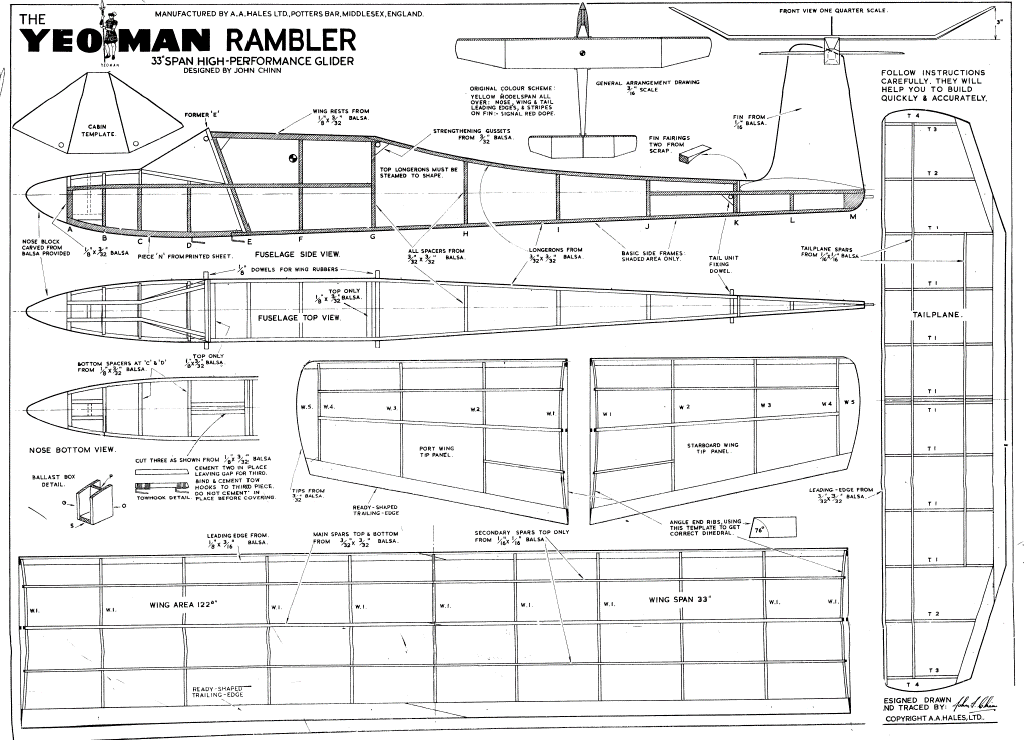 Yeoman Rambler classic free flight glider model plans eBay