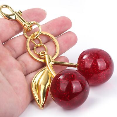 Crystal Red Pink Cherry Keychain Summer Fruit Pendant Keyring Jewelry Gift 