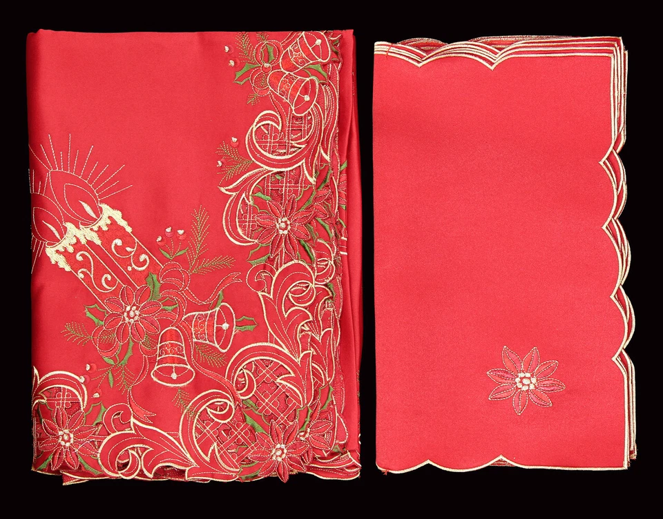 Holiday Christmas Poinsettia Bell Candle Tablecloth With Napkins RED GOLD - Image 3 of 4