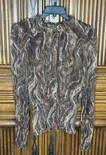 Joie Women Top Large Brown Swirls Smocked Shiny Metallic Ribbed Sheer Sleeve