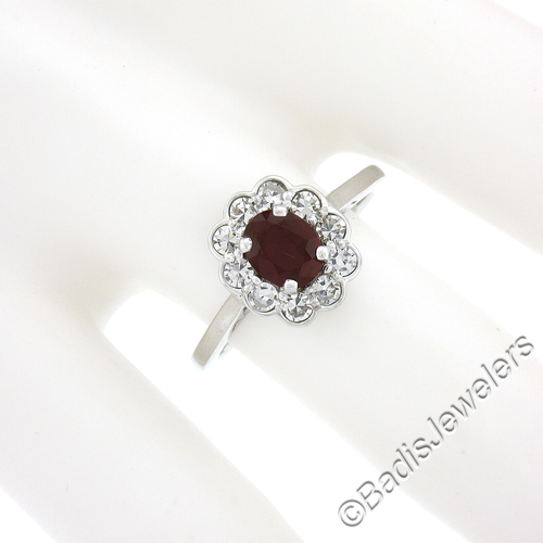 Platinum 1.39ctw GIA NO HEAT Oval Vibrant Red Ruby & Diamond Flower Halo Ring - Picture 4 of 11