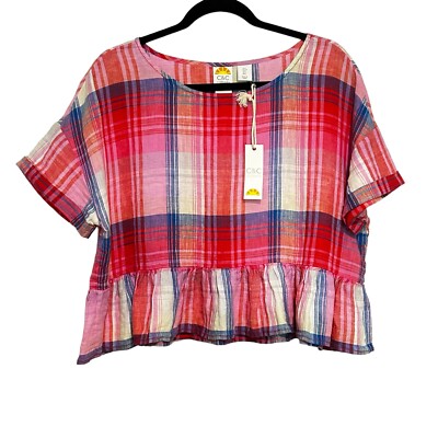 C&C California Colorful Plaid Short Rolled Sleeves Ruffle Hem Linen Top NWT L