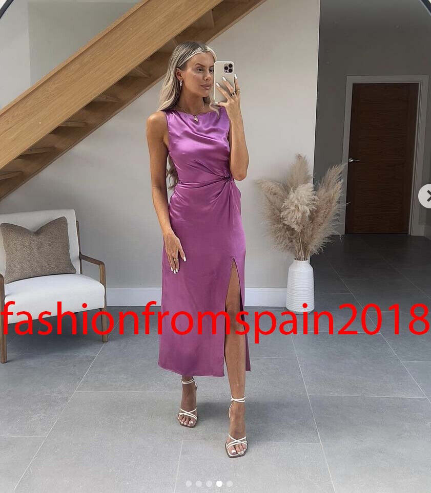 ZARA NEW WOMAN SATIN MIDI DRESS KNOT SLIT PURPLE XS-XL 3666 ZARA NEW WOMAN SATIN MIDI DRESS KNOT SLIT PURPLE XS-XL 3666