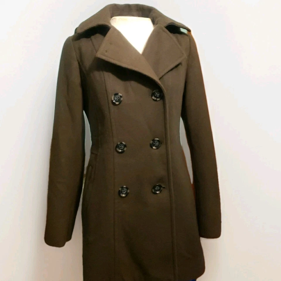 Abrigo Preston & York Mezcla Lana Guisante Verde Mujer Talla Pequeña Bolsillo con Botones Foto 2 de 4
