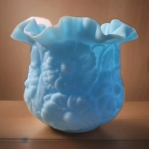 Vintage Fenton blue Satin Glass Vase with Ruffled Rim Poppies Flowers