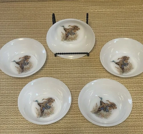 Fire King Game Birds Vintage Milk Glass 5” bowls Mallard Duck, set of 5