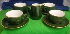 APILCO 4 Tazze Piattini Lattiera Set Bistrot Vintage Porcellana Verde Oro France