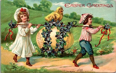 Embossed Easter Children Carry Egg Chick Floral Wreath Postcard 795