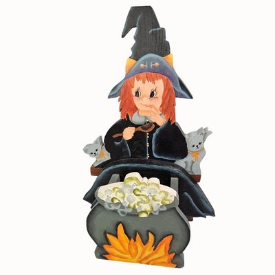 Hand Painted Wooden Halloween Witch With Cauldron Treat Box Whimsical Fun Decor
