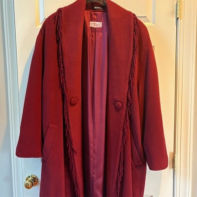 Vinci Women's Vintage Red Fringe Overcoat Size L Wool Lana & Cashmere Blend