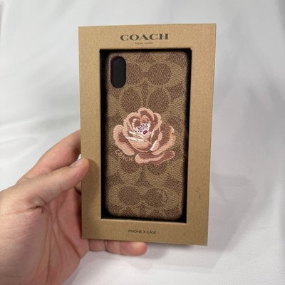 COACH Phone Case iPhone X Case Floral Signature Rose Brown Saddle NEW OPEN BOX