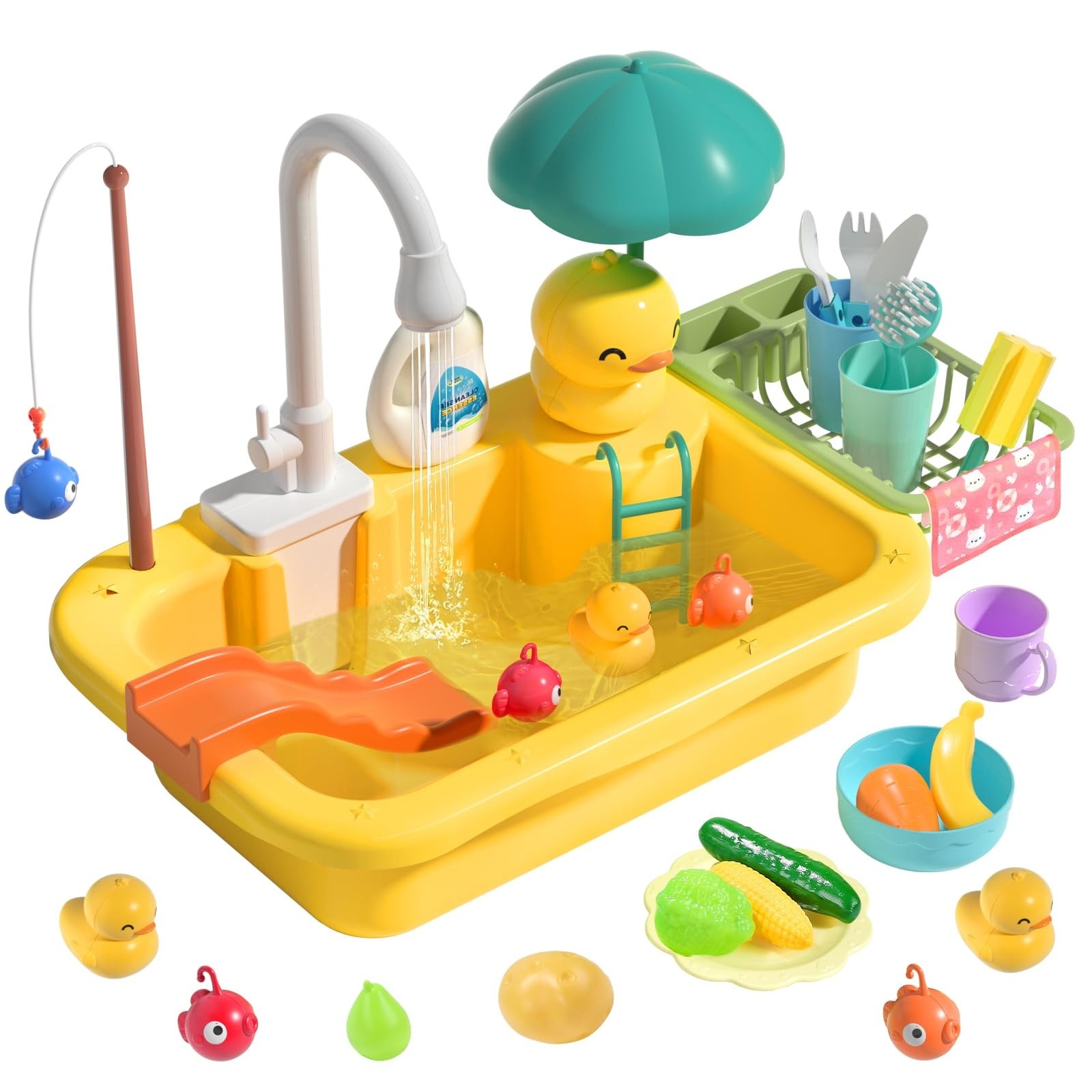CUTE STONE Kids Play Sink with Water Kitchen Utensils Play Food and Fishing Toys