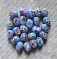 Vintage 24 Oval Beads Millefiori Murano Style Glass Beads Blue Floral Flowers