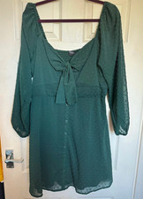 Simply B Size 18 Green Textured Puff Sleeve Mini Dress Shirred Back