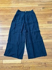 Halston Womens Wide Leg Dress Pants Size 12 Black Pleated Linen Blend Elastic