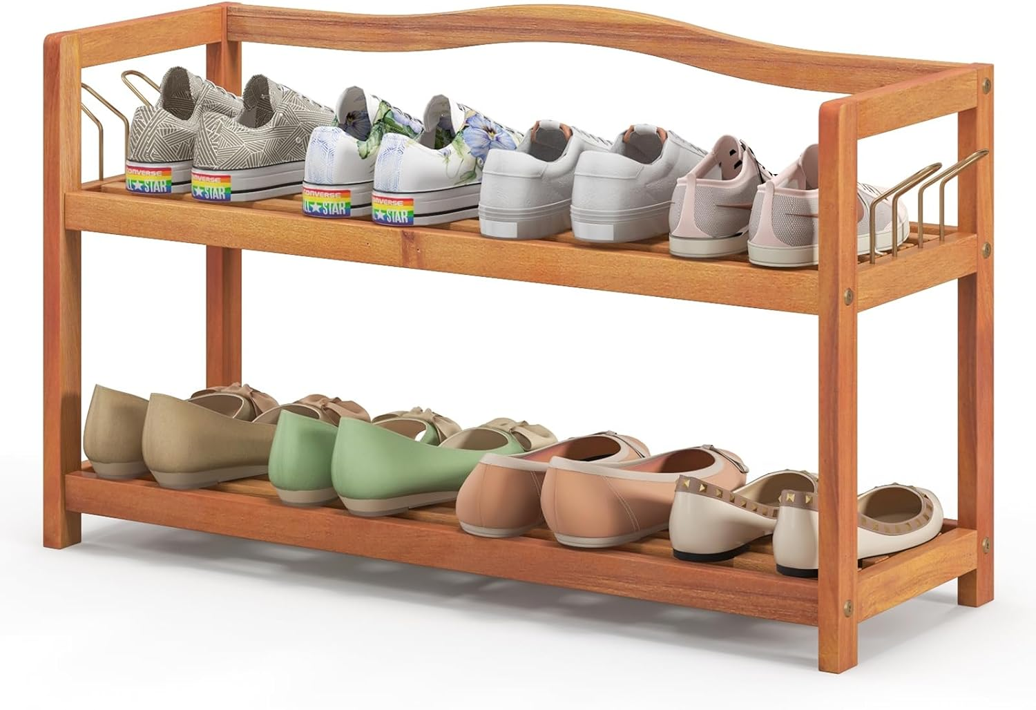 Wooden Shoe Rack Multi Tier Storage Shelf Slatted Entryway Organizer Hooks