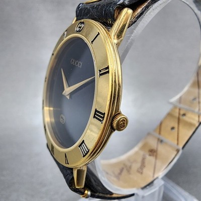 Gucci 3000M Watch Men 33mm Black Dial Gold Plated Round Leather