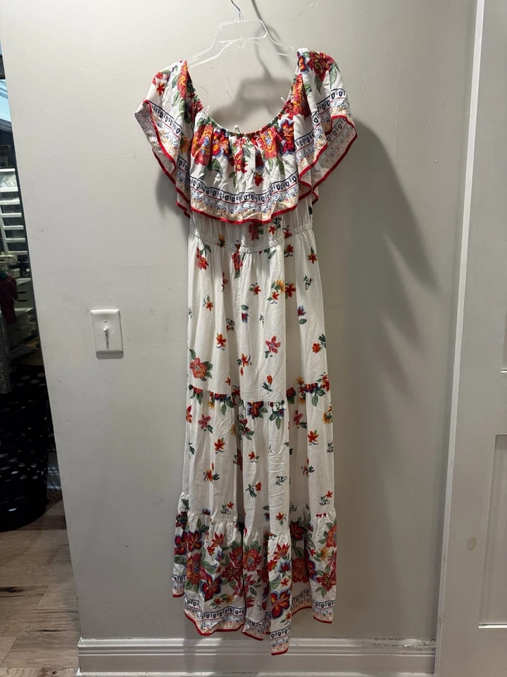 Maxi Vestido Boho Exótico para Mujer Fuera del Hombro Fiesta Cinco de Mayo Floral Talla L Foto 2 de 4