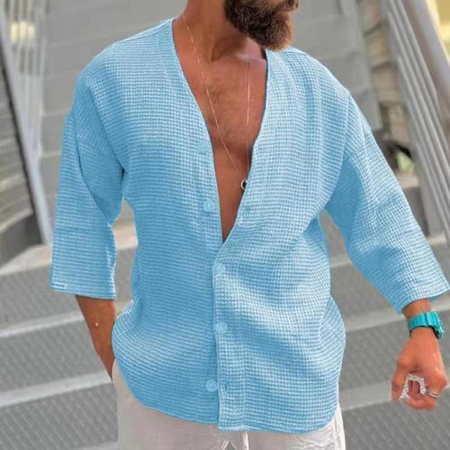 Camisa para hombre a cuadros de 7 puntos manga larga con botones color liso sin cuello cárdigan torso - Imagen 8 de 16