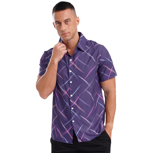 Mens Colorful Striped Casual Short Sleeve Button Down Vacation Holiday Tops - Picture 56 of 77