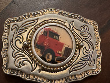 Vintage Silver Doll;ar Belt Buckle with Red Semi Truck Peterbilt Made in USA