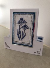 Tarjeta de cumpleaños punto de cruz flor azul artesanal **NUEVA**