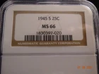 1945-S Washington Silver Quarter, NGC MS66