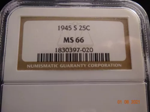 1945-S Washington Silver Quarter, NGC MS66  