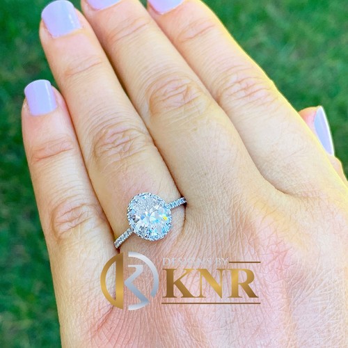 14k White Gold Oval Cut Moissanite And Natural Diamond Engagement Ring 1.90ctw - Picture 5 of 7