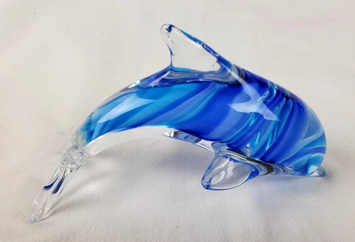 Vintage Murano-Style BLUE SHADES Hand Blown Glass Arching Dolphin Figurine 6.5”
