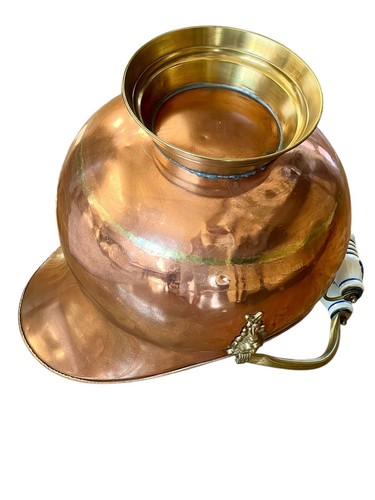 Vintage Large Copper Brass Helmet Coal Scuttle With Ceramic Handles Lion Accents - Picture 12 of 14