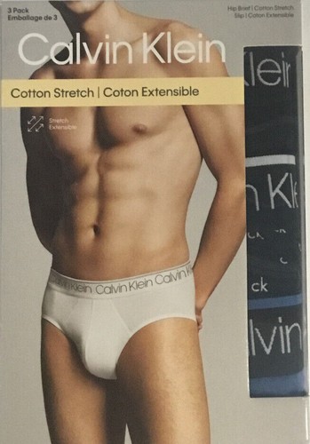 Calvin Klein Mens Stretch 3 Pack Hip Brief Cotton Stretch Black&Blue Large - Picture 3 of 4