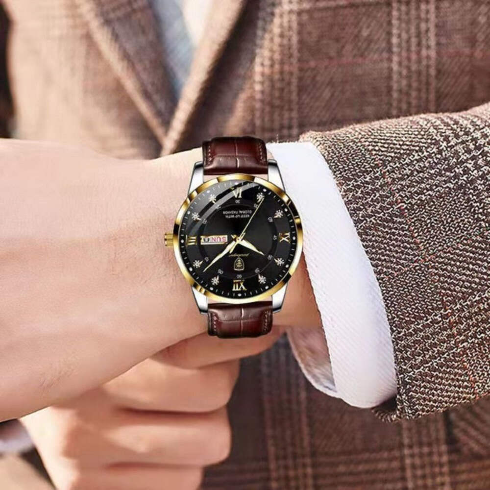Luminous Waterproof Quartz Men's Dual Calendar Watch with Genuine Leather Strap