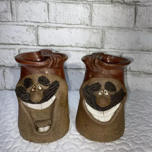 Vintage Studio Art Pottery 3D Funny Mugs Mustache Man Face Signed Set Of 2
