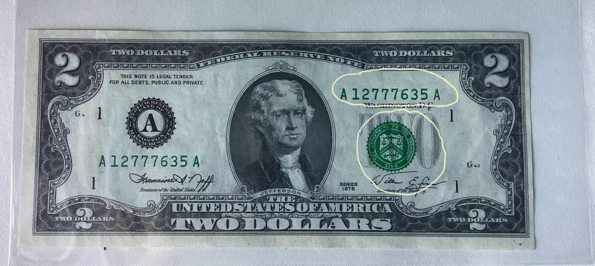 貴重　Made in U.S.A-2 1976 1976 $2.00 USD Bill Error Misaligned Green Seal Off Center