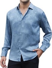 Mens Satin Dress Shirt Long Sleeve Tailored Fit Formal Party Silk Look Top