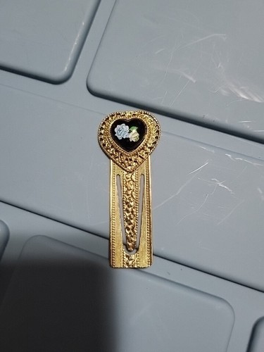Vintage Victorian Style Metal Bookmark Rose Heart Inlay Gold Tone - 第 1/1 張圖片