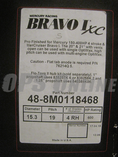 Mercury Bravo I XC Pro Finished Propeller 48-8M0118468 15.3 X 19 " RH 4 Blade - Picture 6 of 7