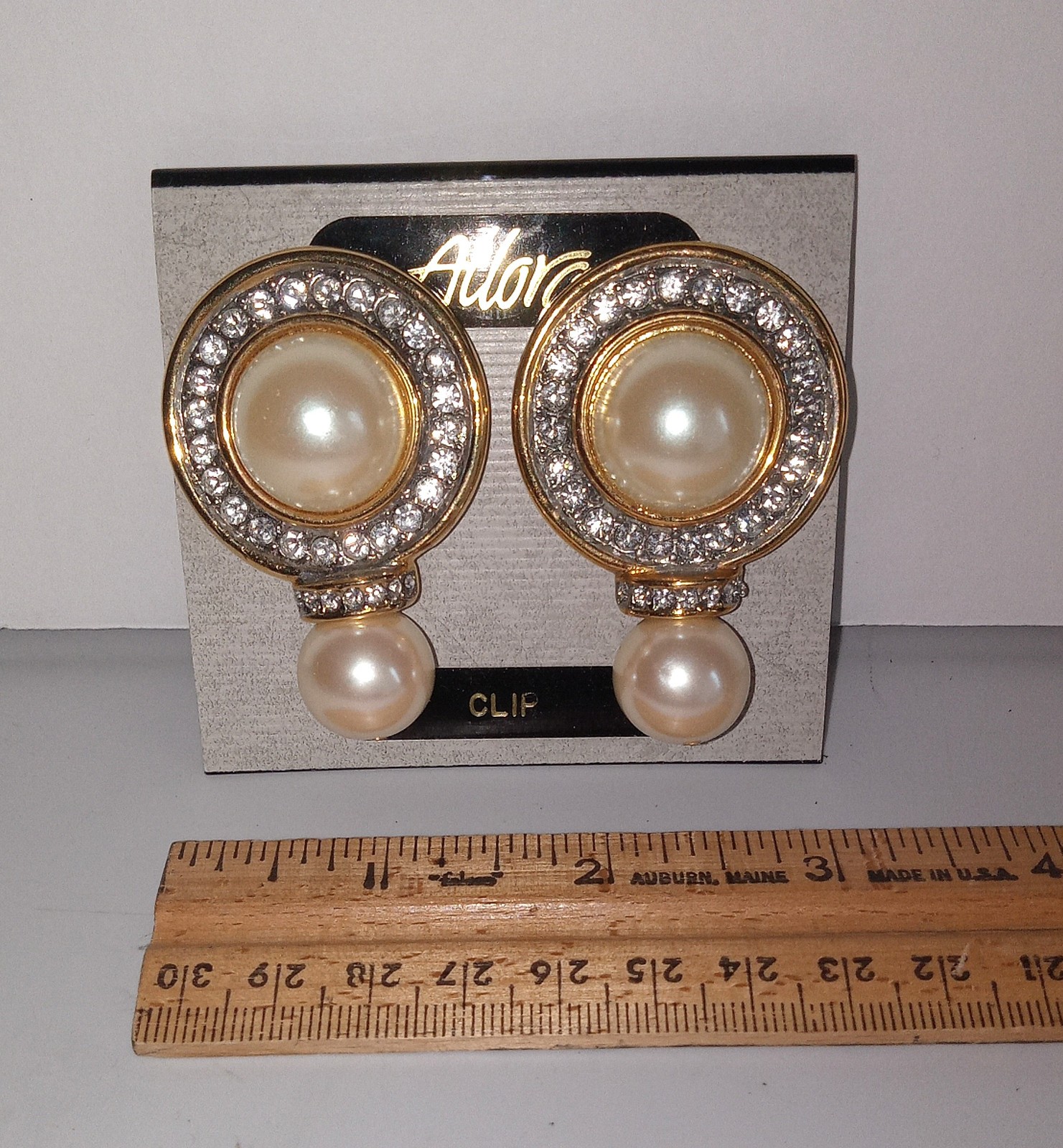 Synthetic Pearl and Rhinestone Earrings, Allora circa 1980s clip on