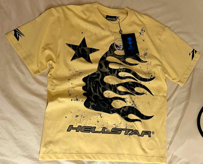 HELLSTAR Men's Beige Graphic Logo Crew Neck Short Sleeve Cotton Tee M