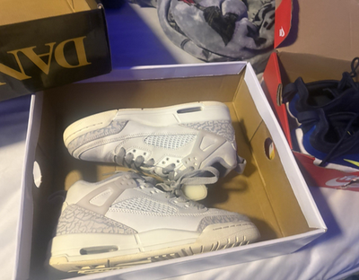 #ad Jordan Spizike White Gray Leather Mid Top Elephant Print Men#x27;s Sneakers $85.00