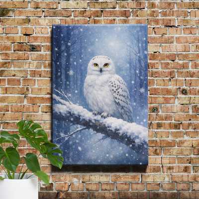 Snowy owl in winter forest Canvas Art realistic wildlife scene
